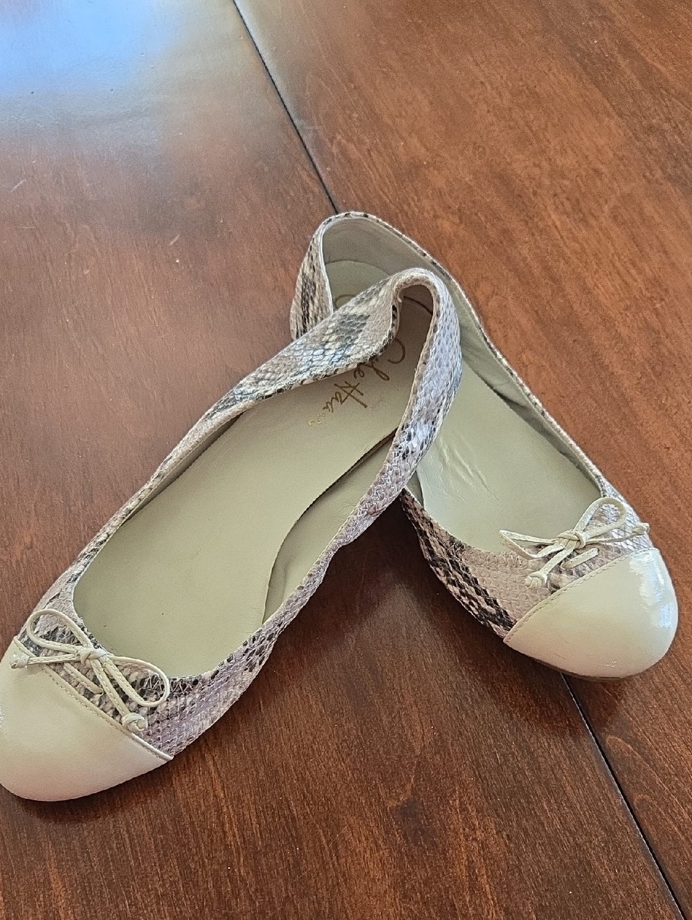 Cole Haan Women’s Beige Snake-Print Ballet Flats with Patent Toe